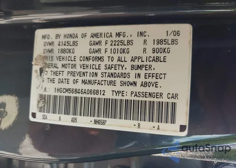 2006 Honda Accord 2.4 Ex из США, поврежденный, VIN 1HGCM56846A066812